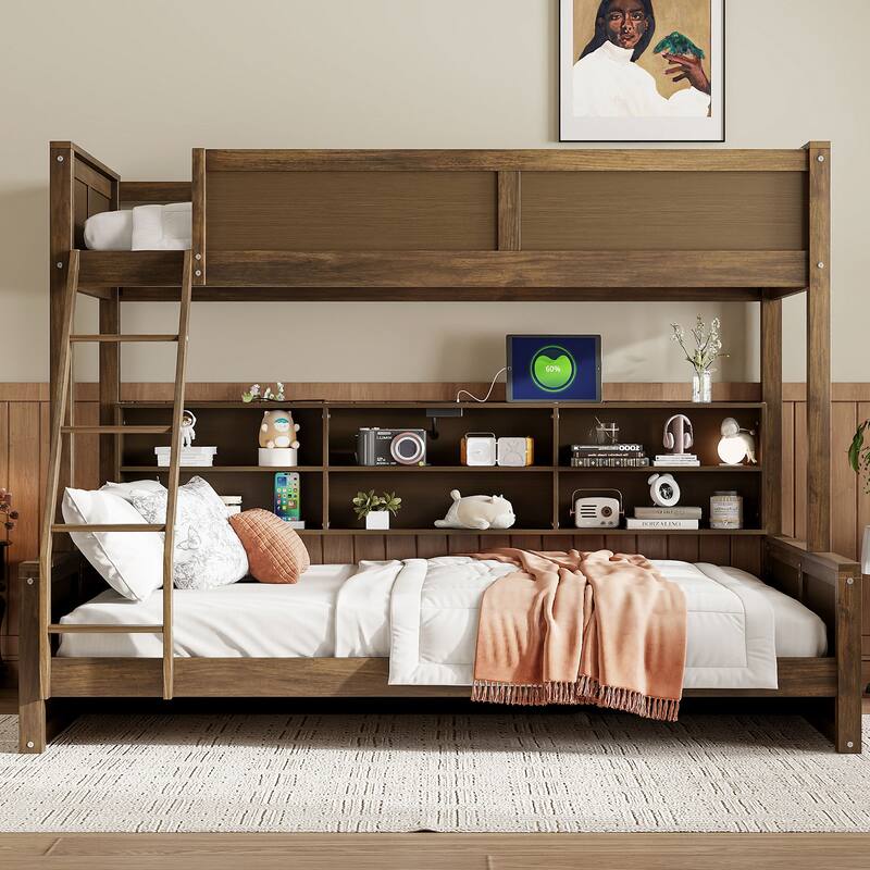 Twin XL over Queen Bunk Bed with Storage Cabinets and USB Ports in Antique Wood Finish