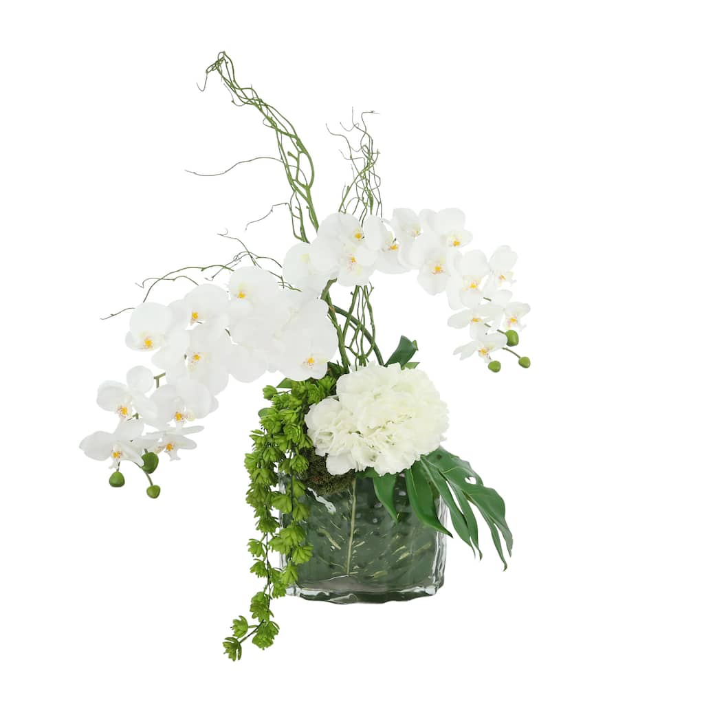 Orchids Arranged with Hydrangea, Succulents and Philodendron Leaves - 25