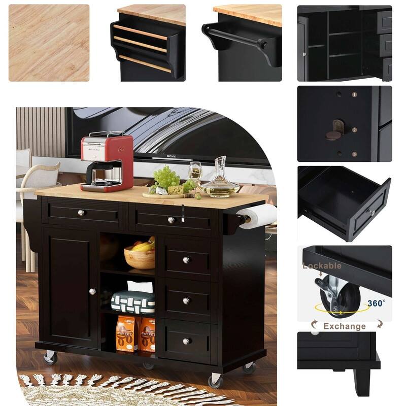 53-Inch Width kitchen Island cart with storage and 5 draws