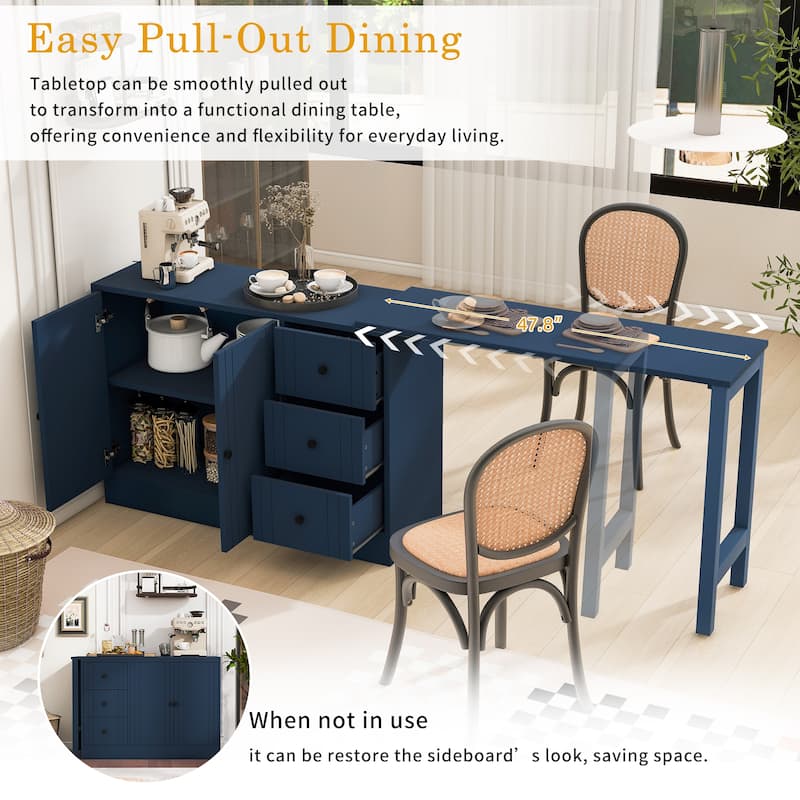 89.7" Wooden Sideboard Buffet Cabinet with Extendable Table, 2 Doors, 3 Drawers, Adjustable Shelf for Kitchen or Living Room