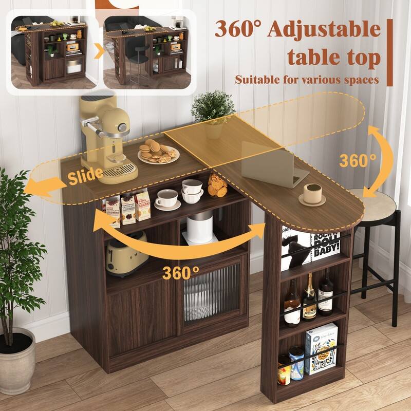 Walnut Modern Bar Cabinet with Rotating Top and Glass Doors