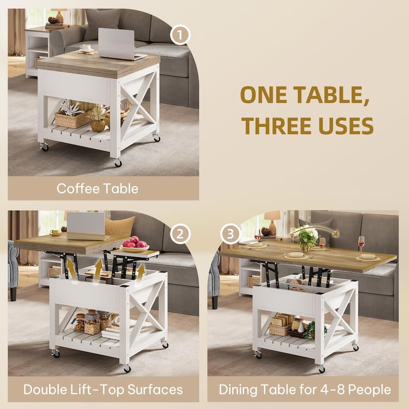 Moasis Farmhouse Lift Top Coffee Table Dining Table with Extendable Table Top and Shelf