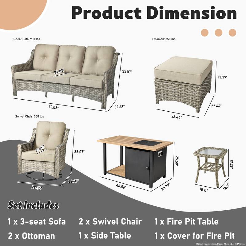 HOOOWOOO 7-piece Wicker High Back Patio Furniture Swivel Rocker Set with Fire Pit