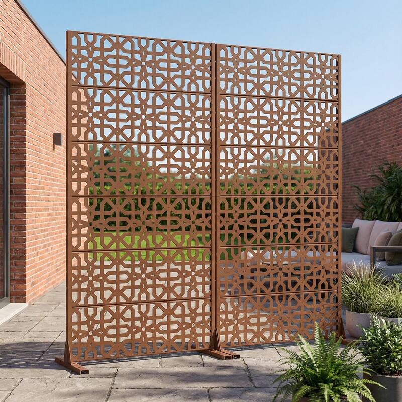 Rectangle Outdoor Privacy Screens Metal Screen Fence Panel Set of 2 - Brown - 72"x35"