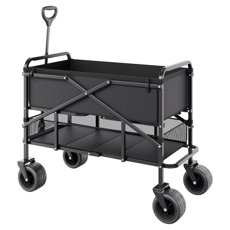 Black Steel Double Decker Wagon Folding Cart with 600D Oxford Fabric and PVC Wheels - 44.09 in x 22.05 in x 31.50 in - Black