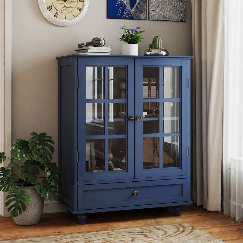A Minimalist Buffet Cabinet with Double Glass Doors and a Drawer, Offering Modern Wooden Storage Solutions .