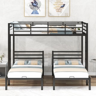 Full Over Twin&Twin Triple Bunk Bed for 3 w/Built-in Shelf & Guardrail