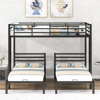 Full over Twin & Twin Size 3 in 1 Bunk Bed Metal Frame Guardrail Kids Triple Bunk with Built-In Shelf