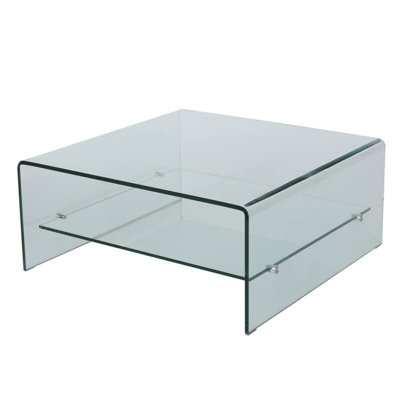 31.5" Modern All Glass Coffee Table with Storage Shelf for Living Room