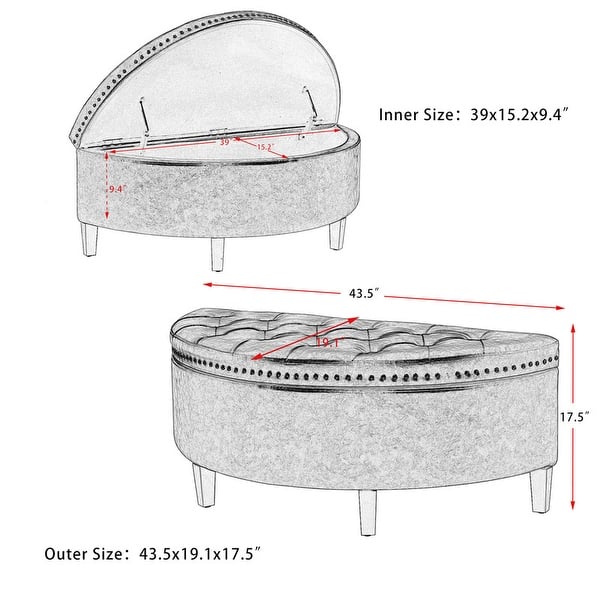 dimension image slide 1 of 4, Adeco Half Moon Tufted Storage Ottoman Bench