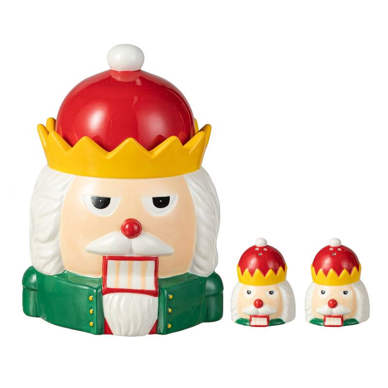 Glitzhome 3 Piece Dolomite Christmas Nutcracker or Tree Cookie Jar Set