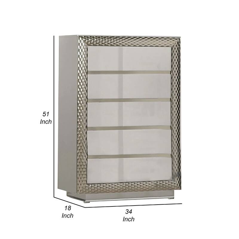 Vino 5 Drawer Tall Dresser Chest, Plinth Base Gray Wood with Silver Trim