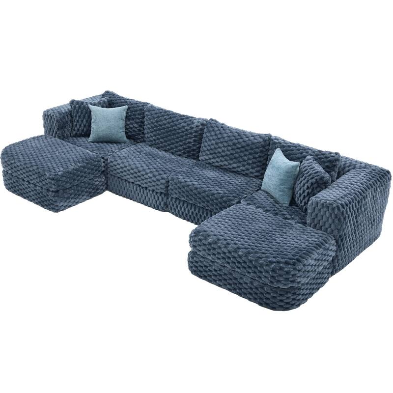 135.4" Bubble Velvet Fabric Sectional Sofa with 2 Ottomans