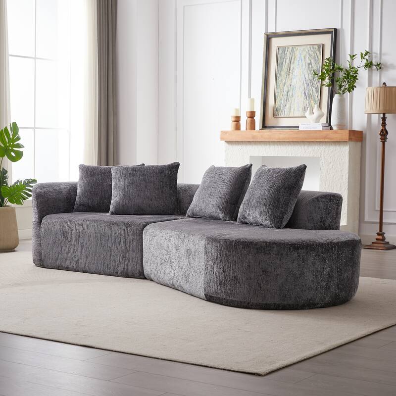 Curved Upholstered Loveseat Sofa Chenille Cloud Couch 4-Seater Chaise Lounge with 4 Throw Pillows for Living Room Recliner