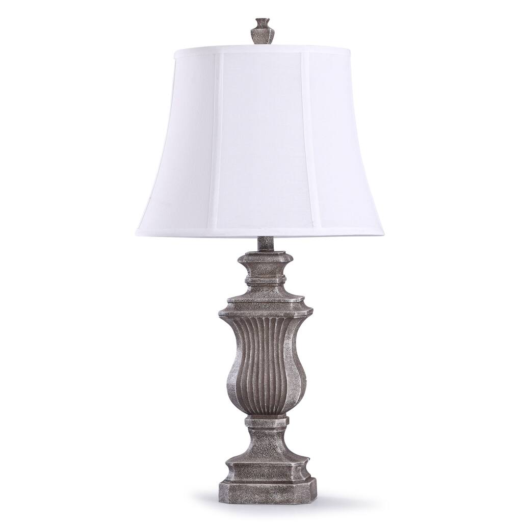 StyleCraft Richards Stone Ribbed Urn Table Lamp with Off White Bell Shade