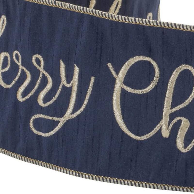 HomeRoots 4" Midnight And Gold Polyester Embroidered Merry Christmas Wired Ribbon