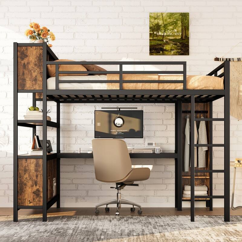 Queen Size Heavy Duty Metal Loft Bed with Wardrobe & L-shaped Desk, Multi-functional Storage Bed Frame with Cubes & Shelves