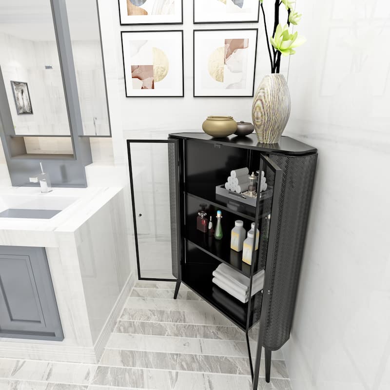 3-Tier Corner Bathroom Cabinet, Storage Cabinet with Tempered Glass Doors, Accent Cabinet with Removeable Shelves - Antique Black