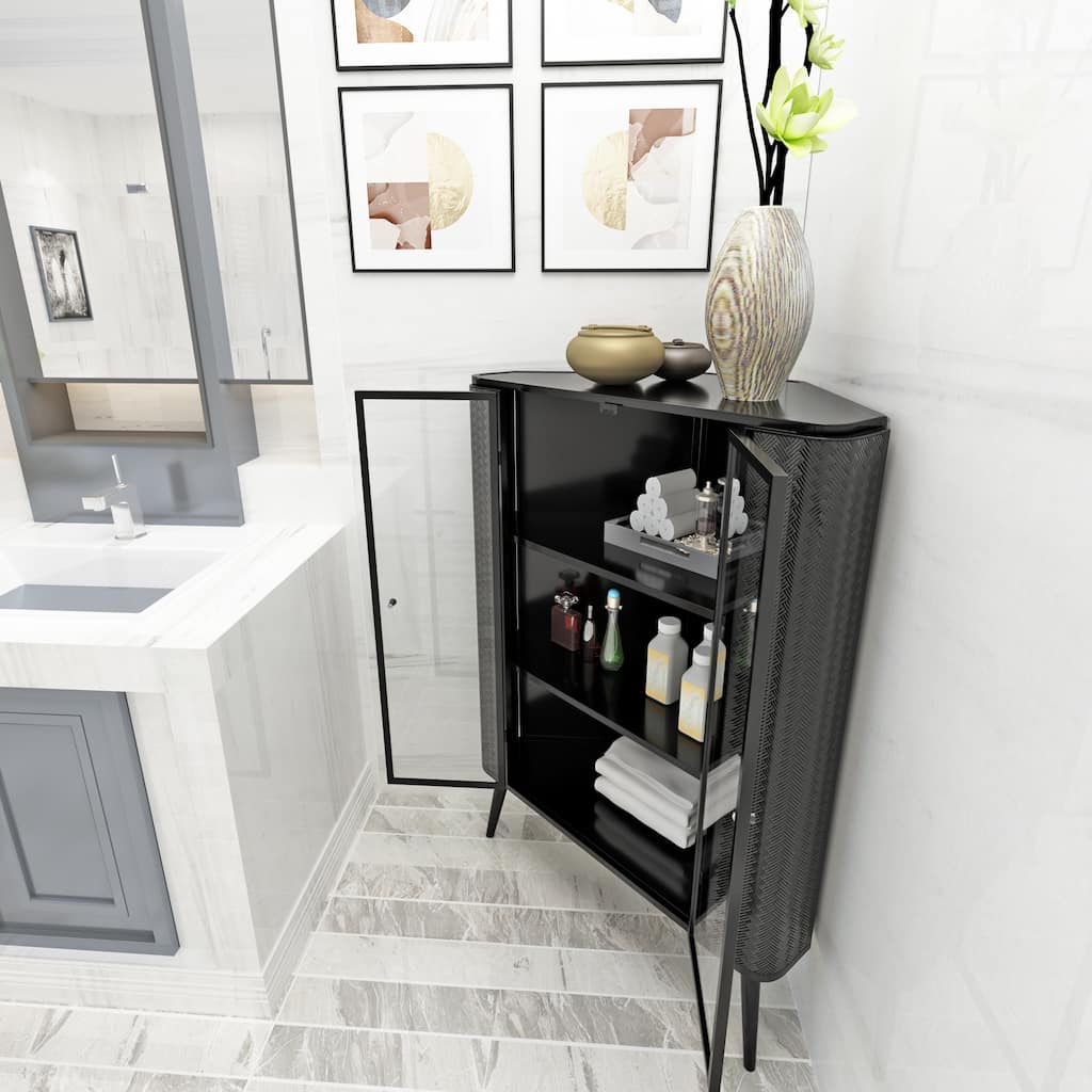 3-Tier Corner Bathroom Cabinet, Storage Cabinet with Tempered Glass Doors, Accent Cabinet with Removeable Shelves