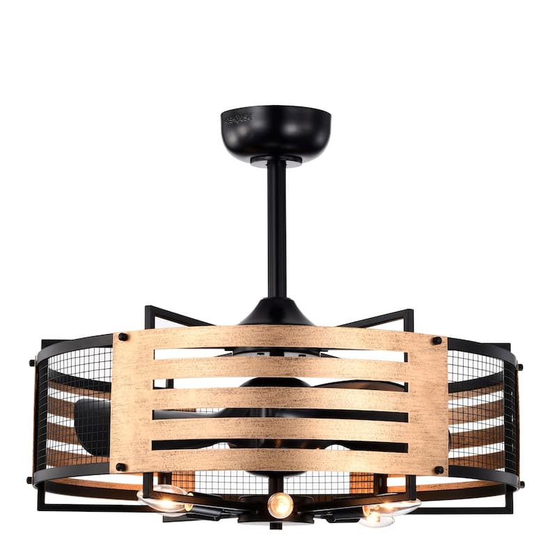 Brixton 26-in. Matte Black Metal and Wood-grain Lighted Fandelier w/ Remote
