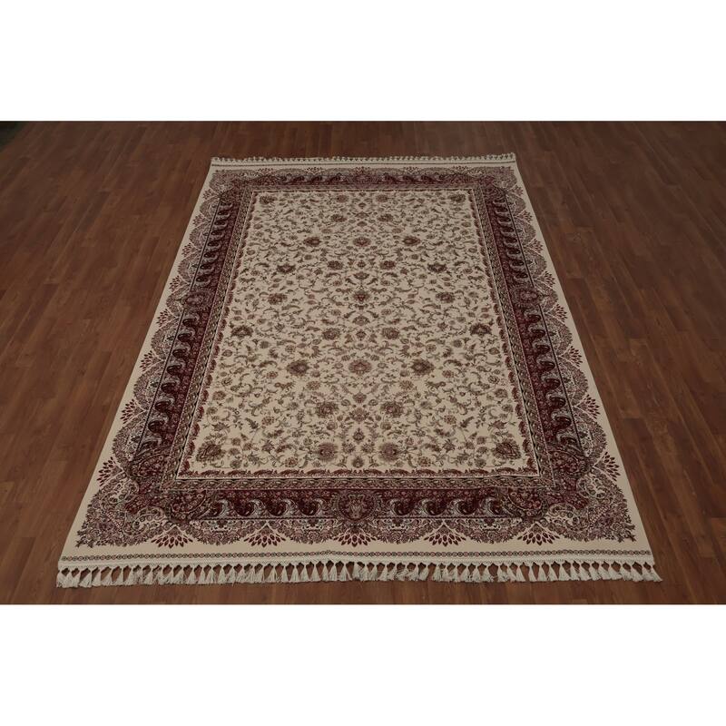 Machine Made Oriental 90% Silk - 10% Polyester Carpet Traditional All-Over Beige & Ivories Qum Area Rug - 9' 10'' X 6' 6''