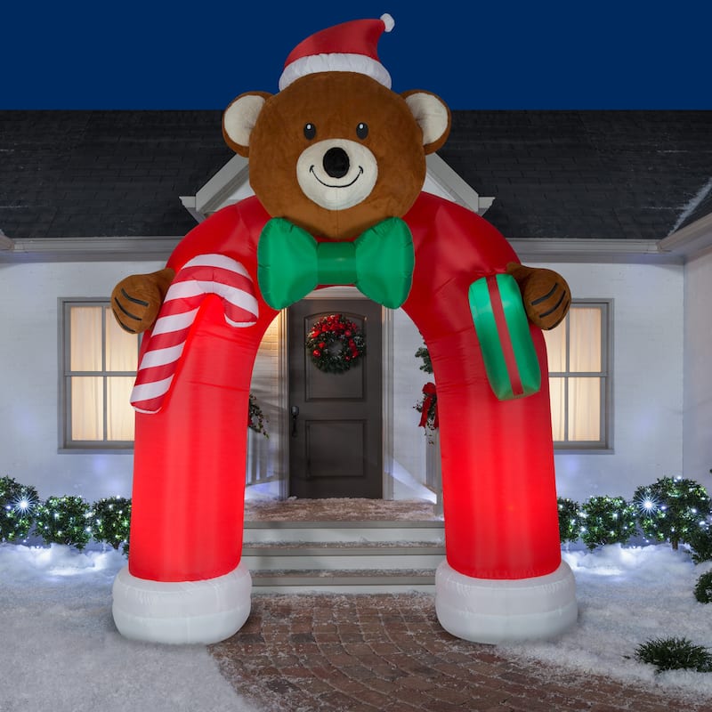 Gemmy Animated Airblown Inflatable Archway Mixed Media Bow tie Wiggling Teddy Bear , 10.5 ft Tall