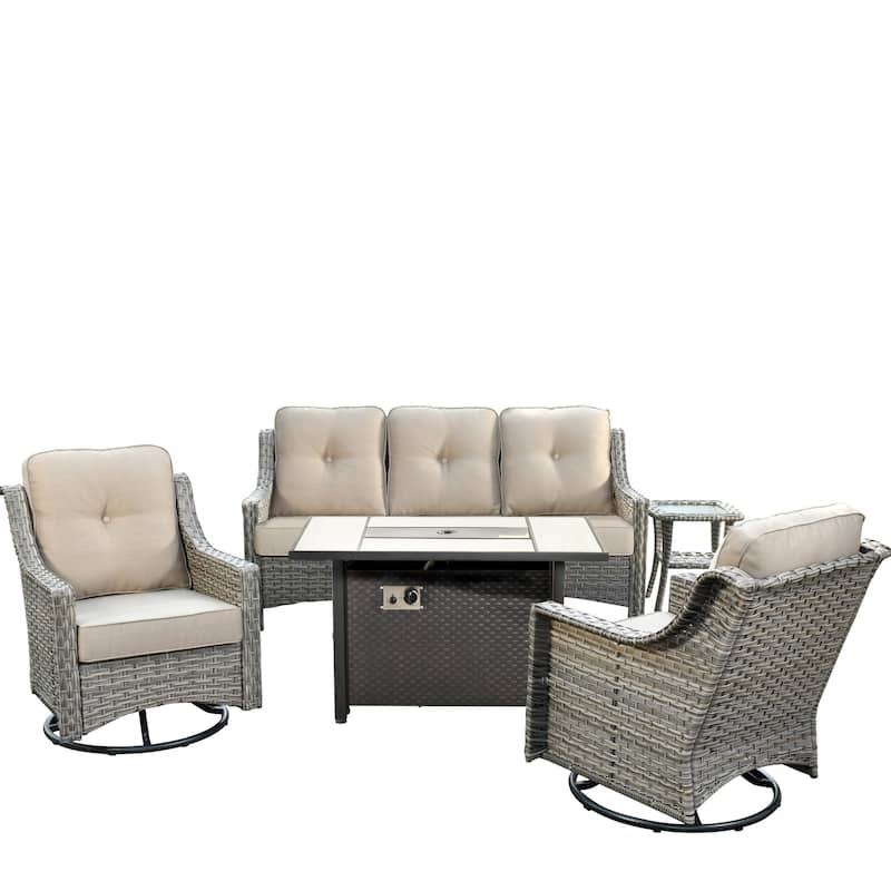 HOOOWOOO 5-piece Wicker Outdoor Furniture Swivel Chairs Set with Fire Pit