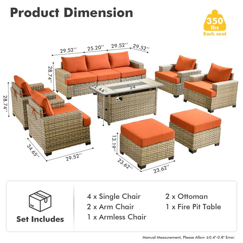 HOOOWOOO 10-piece Outdoor Wicker Wide Arm Patio Furniture Set with Fire Pit