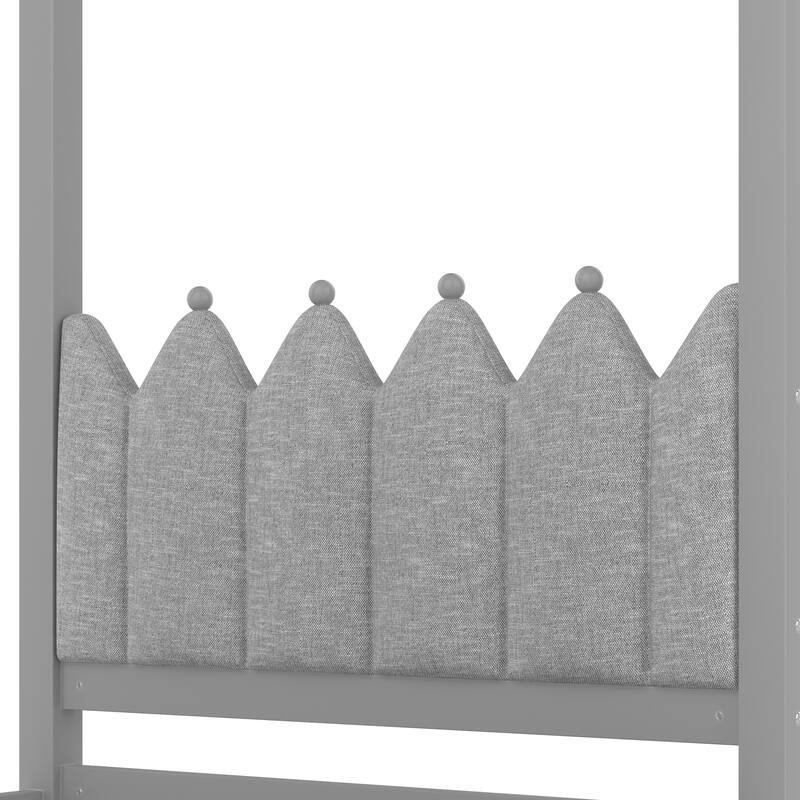 Princess Canopy Bed Upholstered Platform Bed withTrundle, Crown Headboard and 3 Underbed Storage Drawers for Kids