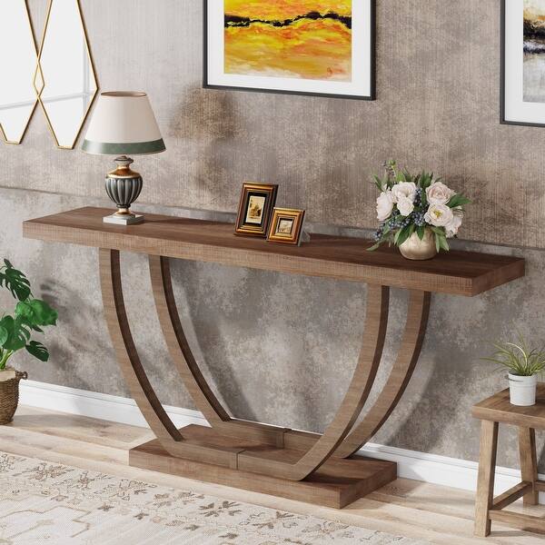 2-tier 63 Inch Console Table with Geometric Base Farmhouse Narrow - On ...