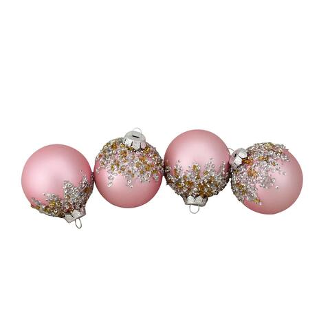 4ct Pink Beaded Sequined Glass Ball Christmas Ornament Set 2.75"