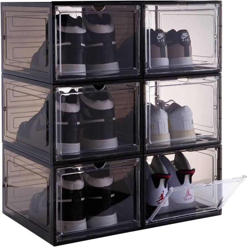 6 Pack Large Drop Front Shoe Boxes with Magnetic Door - Clear Black-Front door - ‎13.5"L x 10.6"W x 7.5"H