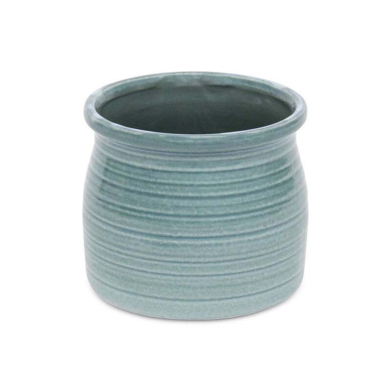 HomeRoots Celadon Ceramic 51 Ounce Striped Round Distressed Pot Planter - 6.25 in. x 5.50 in. x 6.25 in.