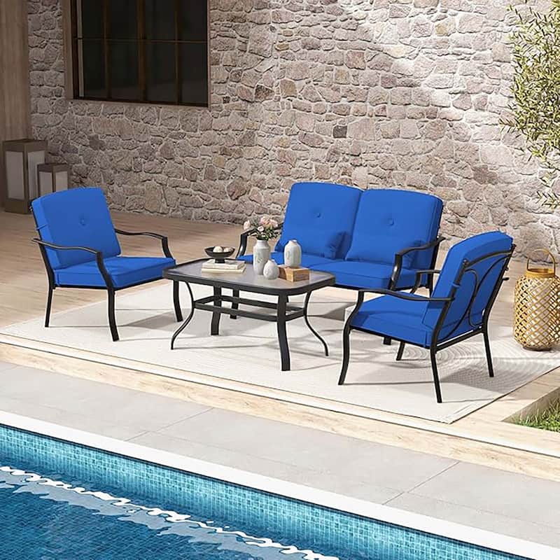 4 PCS Outdoor Patio Furniture Set Chair Coffee Table Cushioned Seat