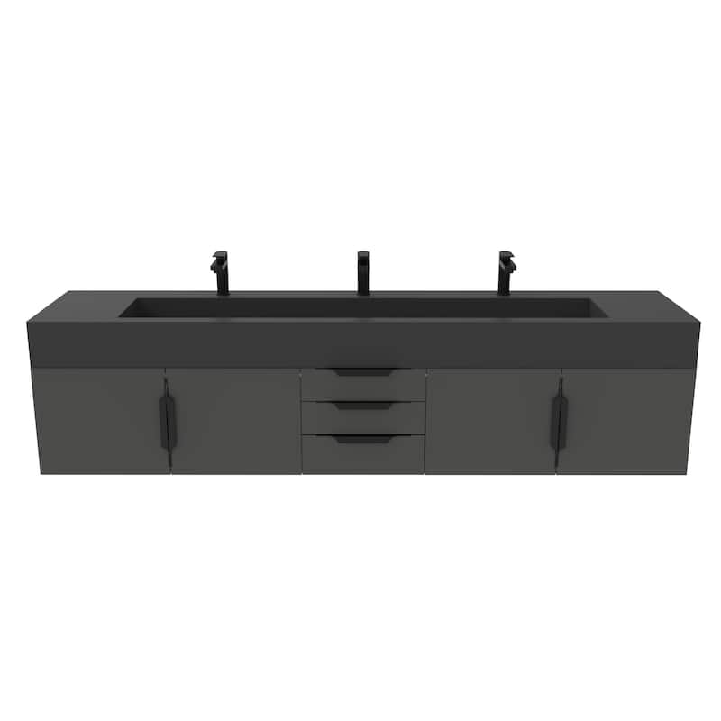 Nile 84-Inch Wall Mounted Bathroom Vanity Set w/ Black Top