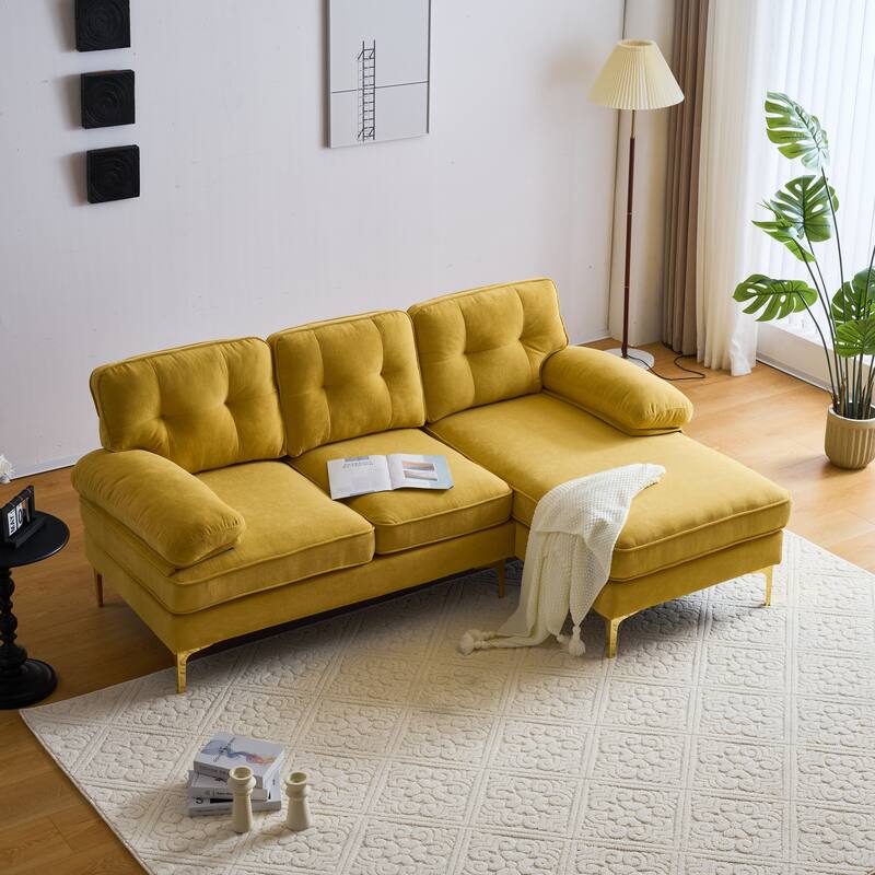 Velvet Sectional Sofas Couches with Pillow Top Arms and Upholstered Backrest, Modern L-Shaped Couches with Metal Legs