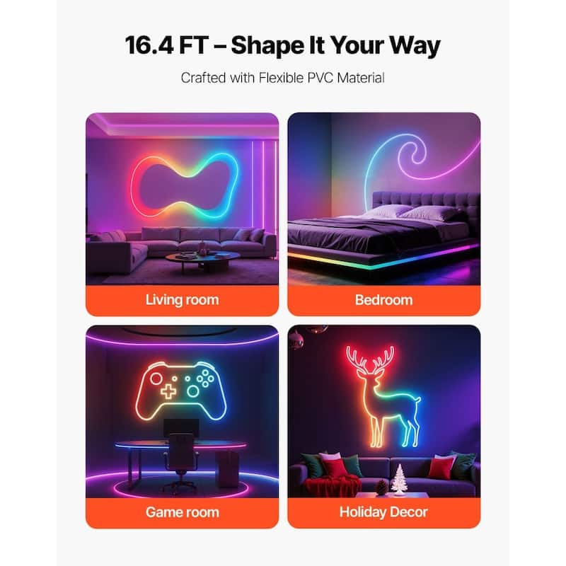 16.4ft RGBIC LED Neon Rope Light with Music Sync Smart Voice and App Control for Home Decor - 16.4'Long