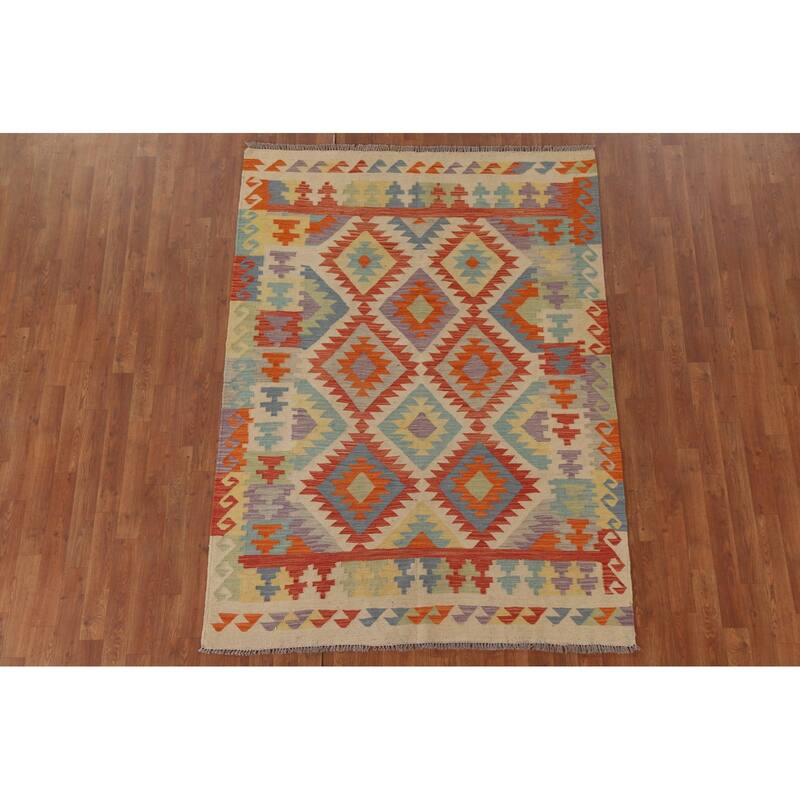 Hand Woven Oriental 100% Wool Carpet Southwestern Geometric Multi-Colored Kilim Area Rug - 6' 9'' X 4' 10''