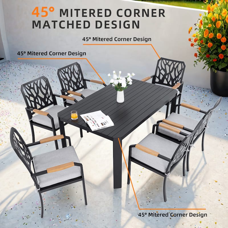 7 Pcs Patio Outdoor Aluminum Furniture Set, Rectangular Table with Umbrella Hole, 6 Dining Chairs with Branch-Like Backrest