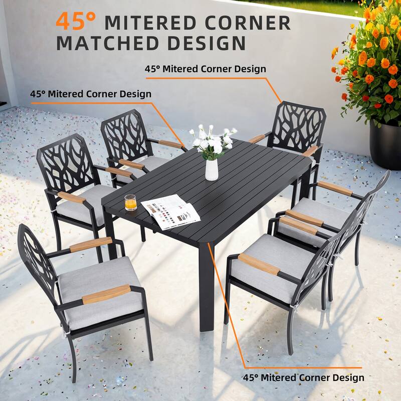 All Weather Aluminum Rectangular Patio Dining Table and Chairs Set with Umbrella Hole and Removable Cushions