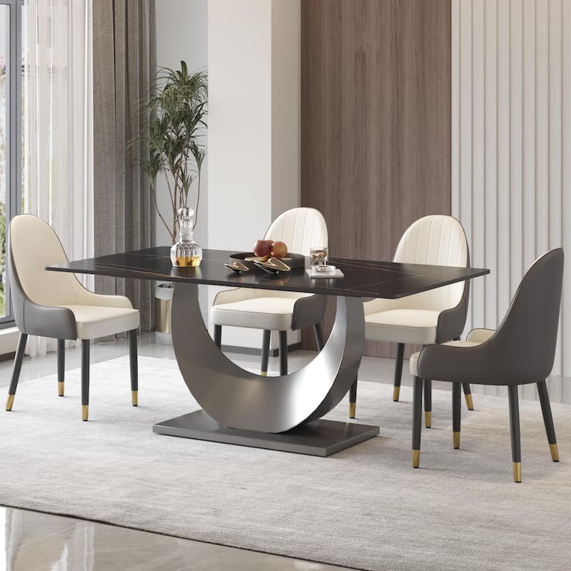 71" Antique White Marble Sintered Stone Table Top,Rectangle Dining Room Table with Stainless Steel Pedestal