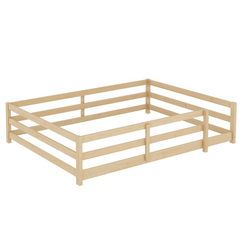 Twin/Full Montessori Floor Bed with Safety Fence - Wood Kids Floor Bed for Boys & Girls