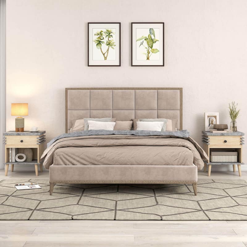Costway 1/2 PCS 3-Tier Bedside Table with Antique Grey Faux Marble Top