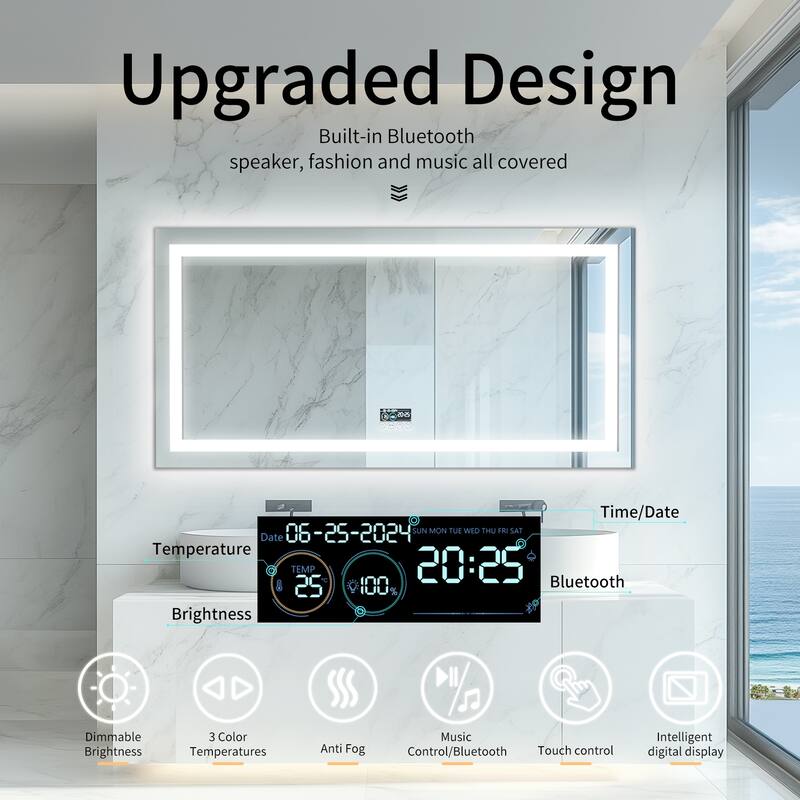 Bluetooth LED Bathroom Mirror Music Speaker Wall Vanity Mirror with Lights Date and Time Rectangle - 40"x24"