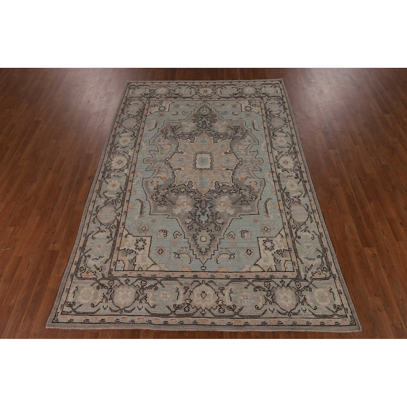 Vegetable Dye Oushak Turkish Rug Blue Hand-Knotted Wool Carpet - 6'1"x 9'0"