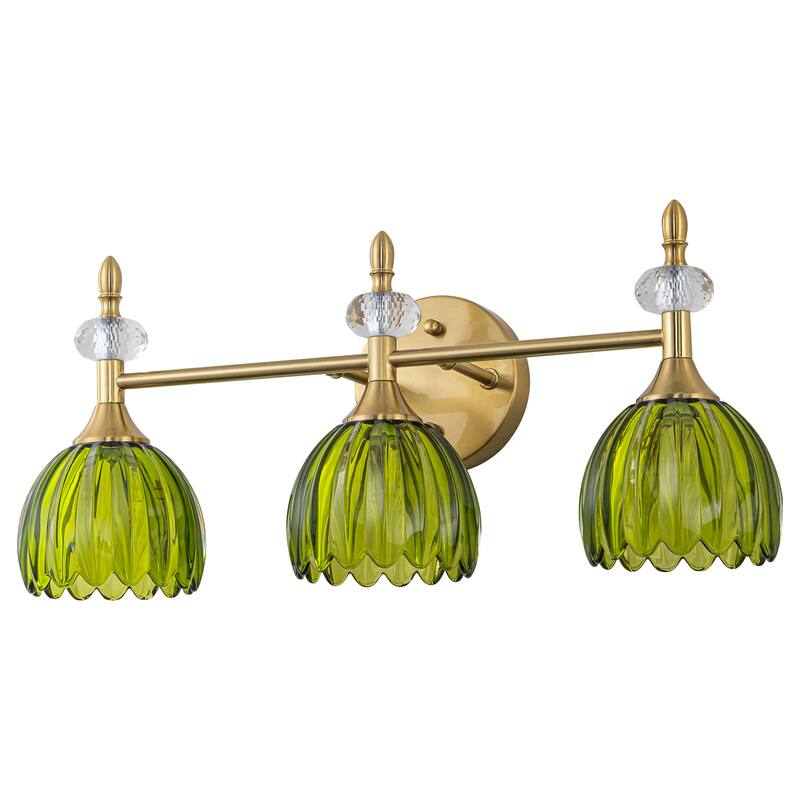 Starsky 3-Light Tulip-Inspired Floral Wall Sconce with Green or Amber Glass Shades, for Bathroom, Bedroom, Hallway