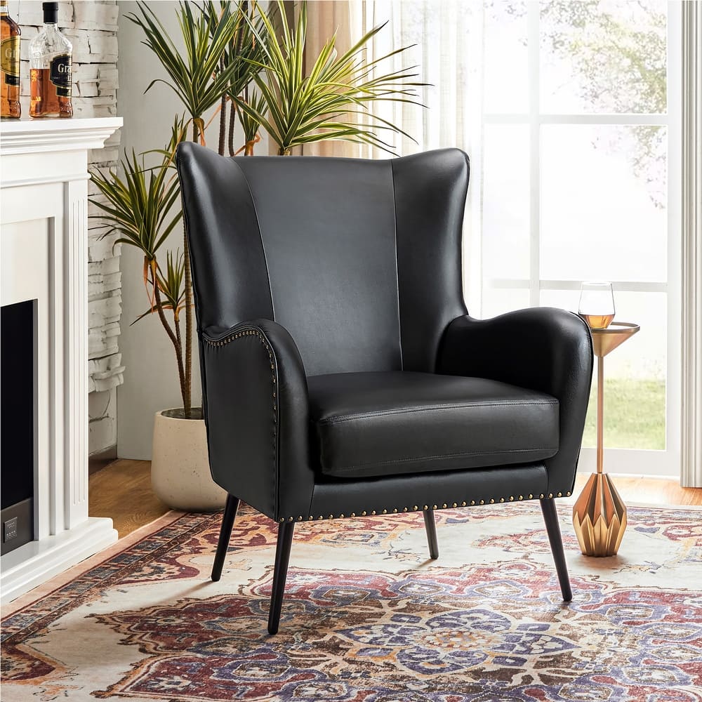 Invidiae Faux Leather Wingback Armchair with Nailhead and Metal Legs by HULALA HOME