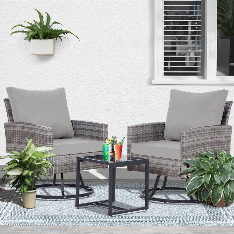 3-Piece Outdoor Swivel Chair Patio Set, 360°PE Rattan Chairs with Cushions, Glass Coffee Table - Gray