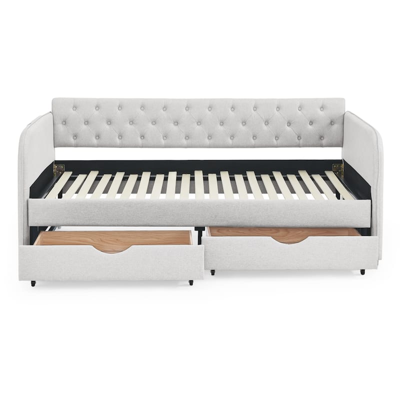 Roomfitters Twin Upholstered Daybed with Trundle, Underbed Storage and Flat Arms with Side Pocket, Extendable Design