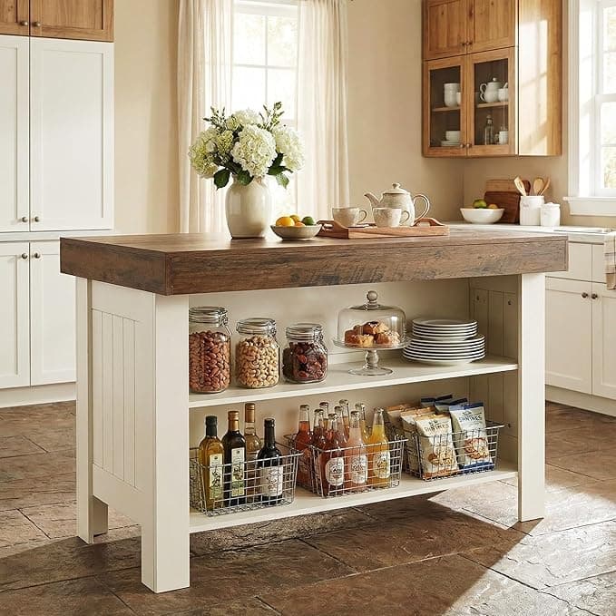 55" Two-Tone Farmhouse Kitchen Island with Storage & Wood Top - White